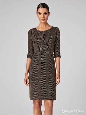 Elegant Brown Patterned Shift Dress - 3/4 Sleeve